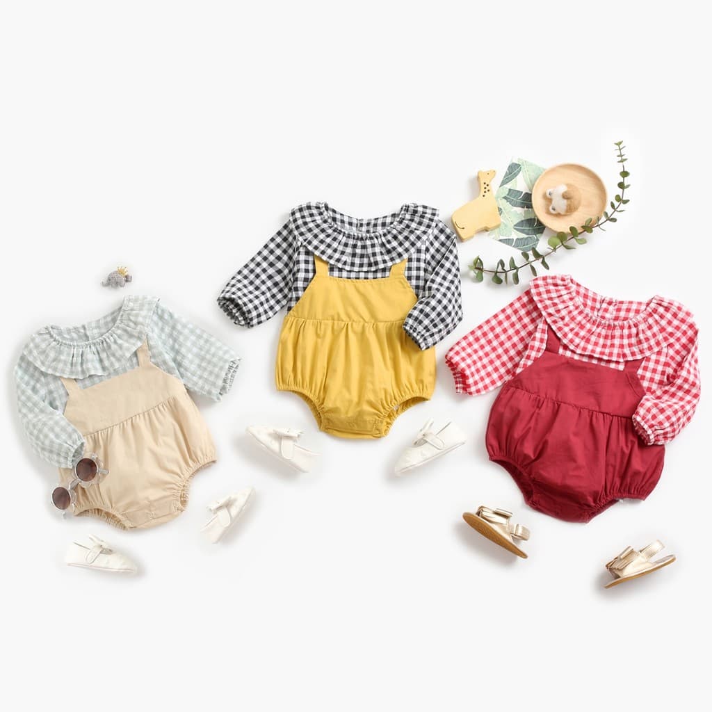 Roupas de bebê outono xadrez roupas de bebê recém-nascido ins bebê menina xadrez falso macacão de duas peças primavera m