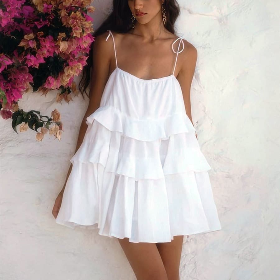 Vestido vestido europeu americano 2025 verão feminino Multi-camada babados bolo saia curto Halter cinta vestido