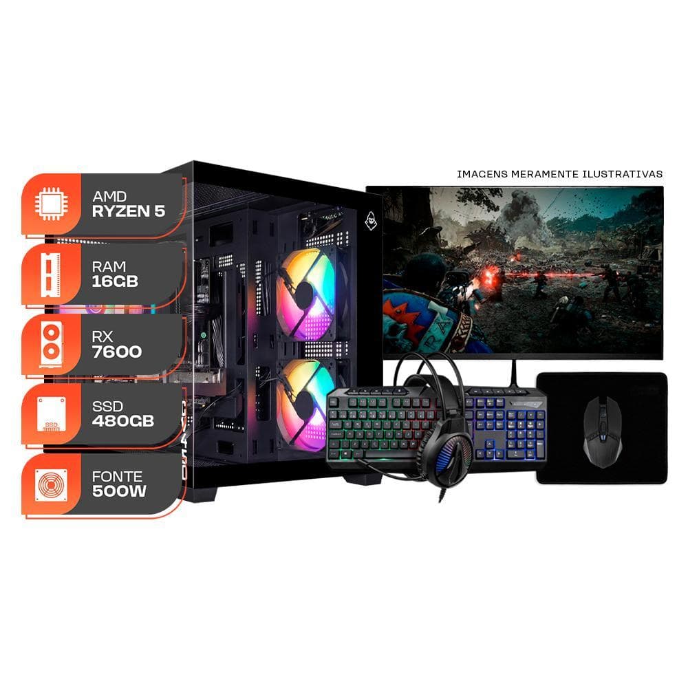 PC Gamer Spectrum, AMD Ryzen 5 5500, RX 7600 8GB, 16GB DDR4, SSD 480GB, Completo com Monitor 180Hz e Periféricos