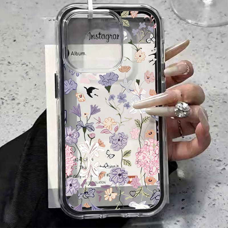 Transparente Capinha para iPhone 17/16/15/14 Pro Max Capa de celular três em um com estampa floral fresca e feminina