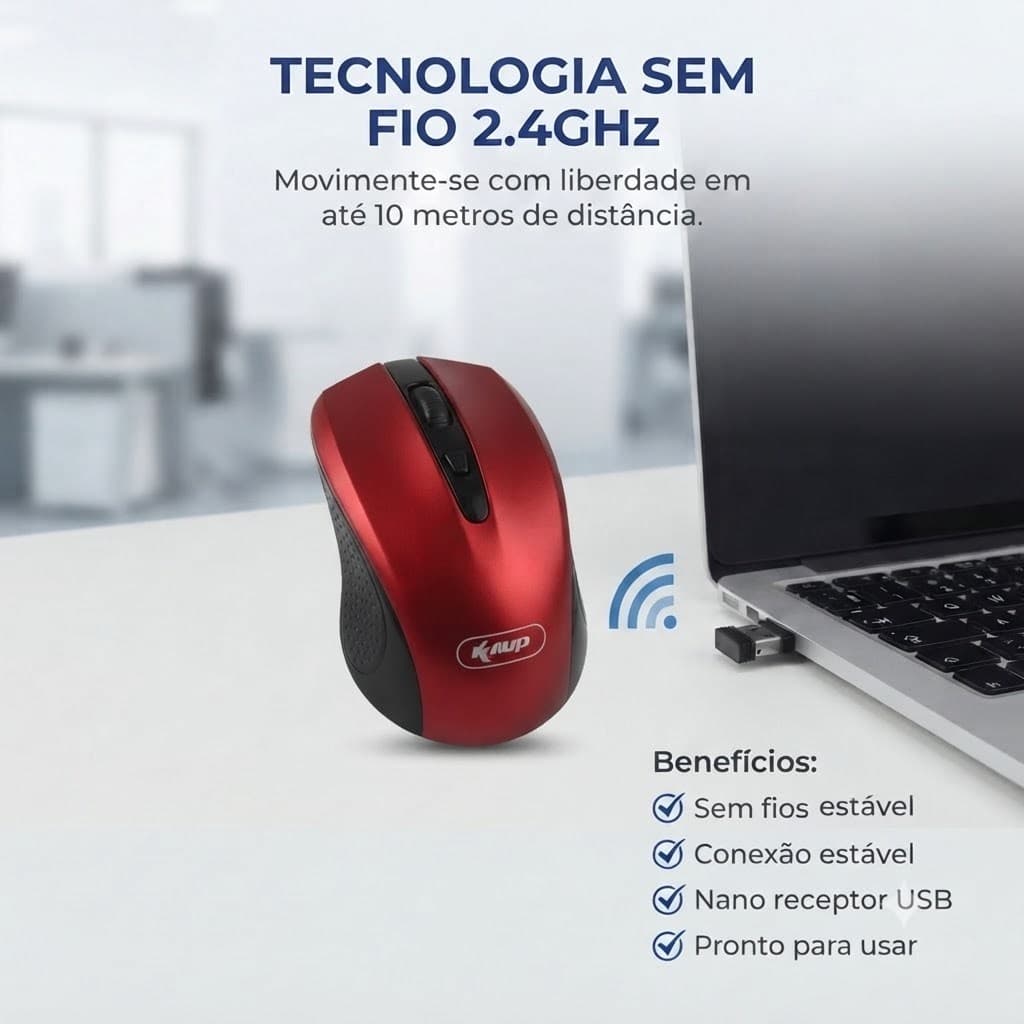 Mouse Sem Fio Knup Vermelho Wireless USB 2.4GHz 1600dpi Notebook PC Windows Linux Home Office