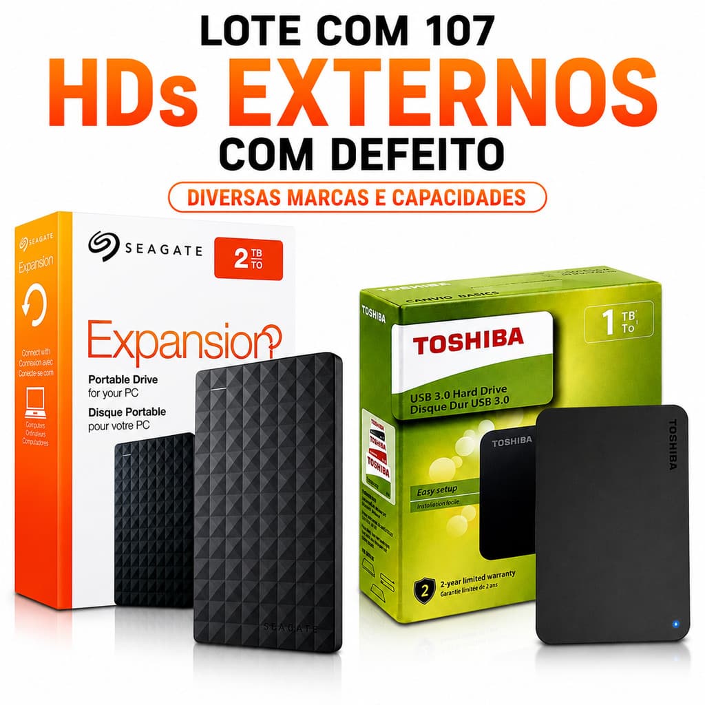 Lote com 107 HDs Externos Sucata Defeitos Variados da Seagate e Toshiba de 1 a 4 TB SSD
