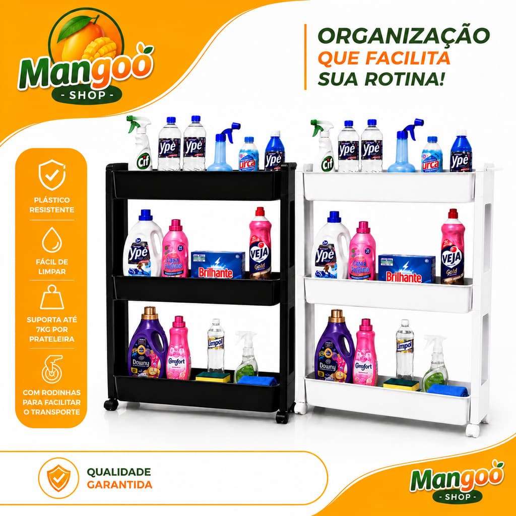 Prateleira Organizadora Multiuso 3 Andares Com Rodinhas Carrinho Organizador Cozinha Banheiro Lavanderia