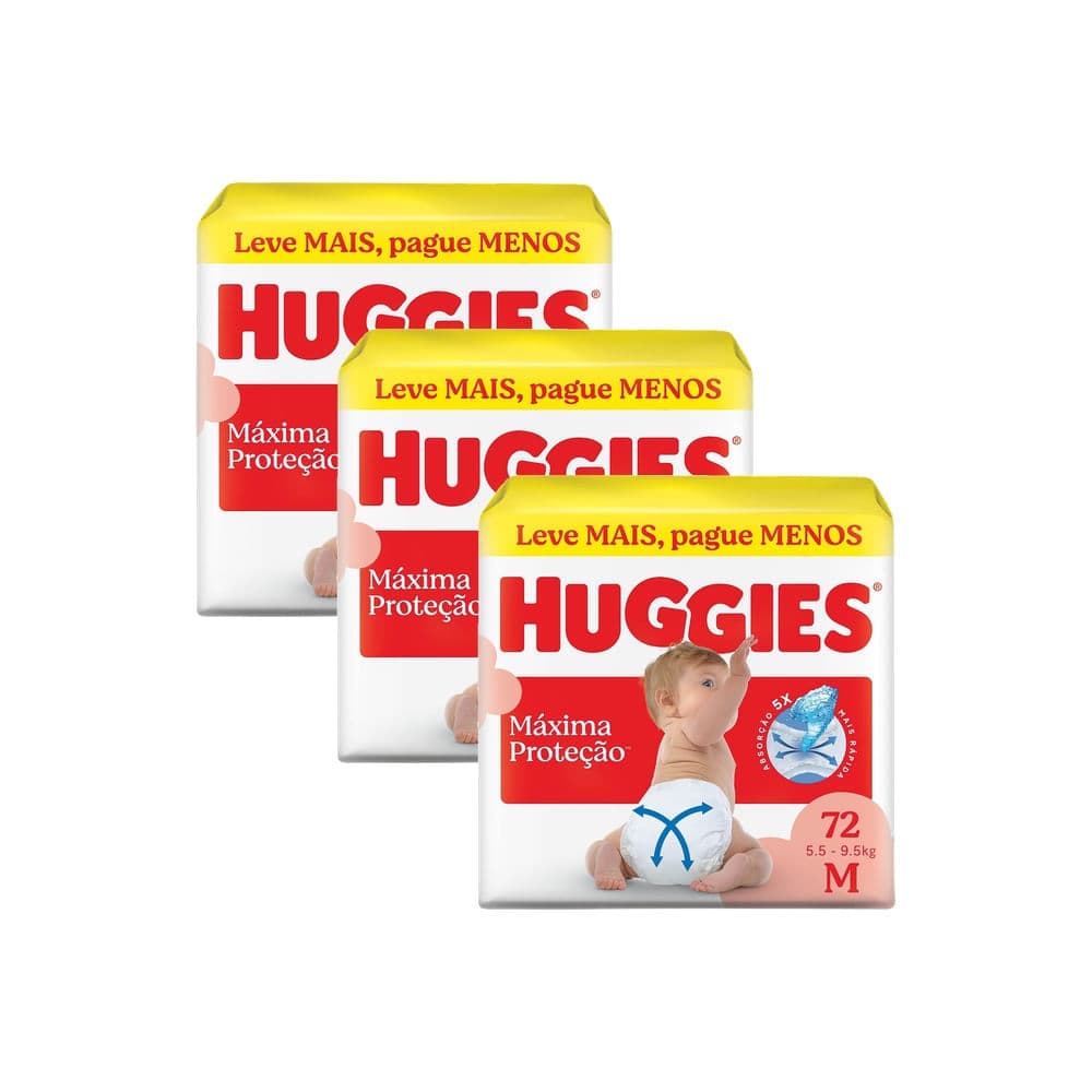 Kit 3 Fralda Huggies Máxima Proteção Tamanho M 72 Unidades Descartáveis