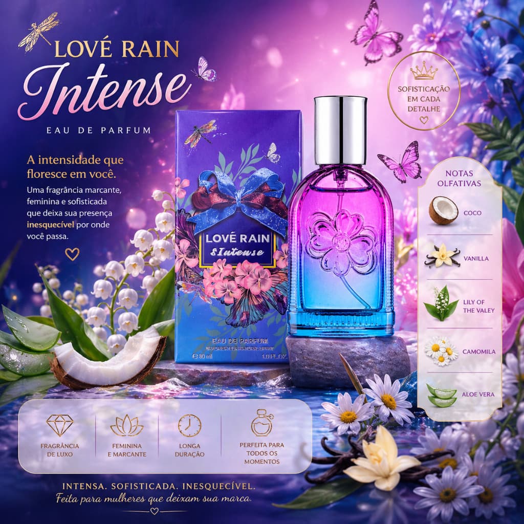 Perfume Feminino Importado Coco Baunilha Floral Fresco Longa Duração Fragrância Delicada Elegante 30ml Lové Rain