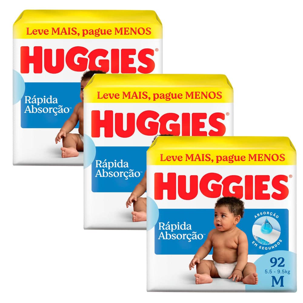 Kit 3 Fralda Huggies Rápida Absorção Tamanho M Pacote Hiper 92 Unidades Descartáveis Leve Mais Por Menos