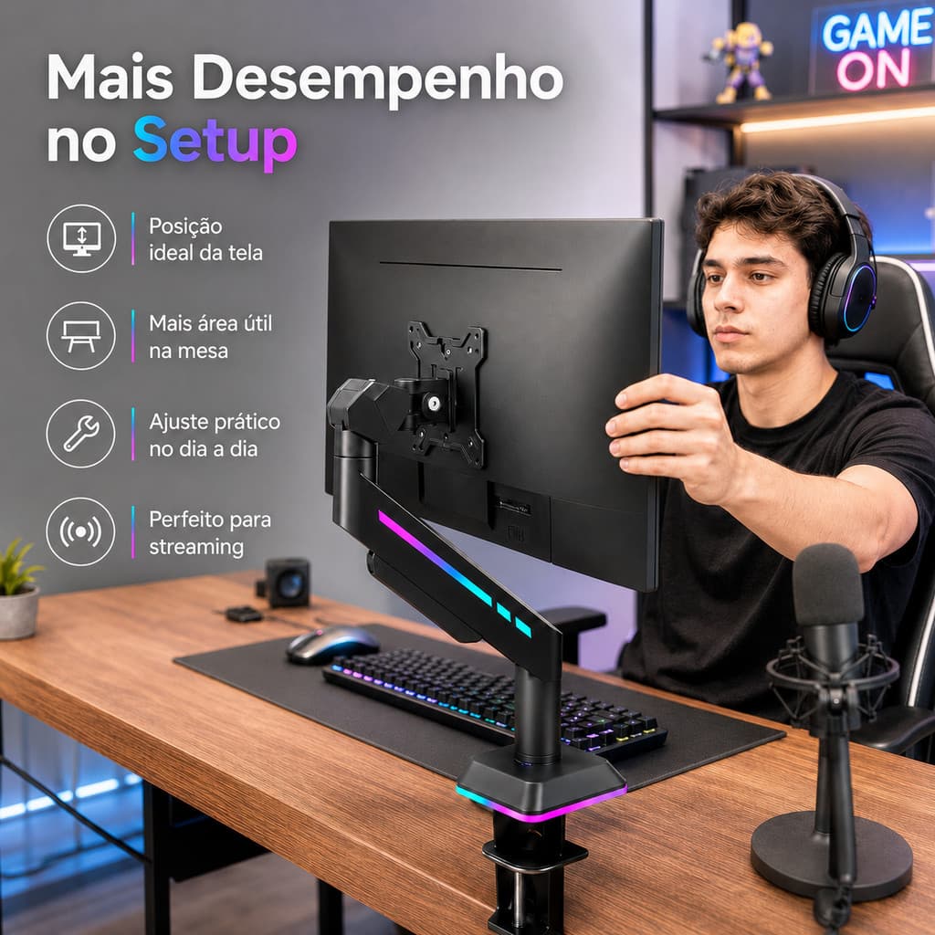 Suporte Articulado Para Monitor Pistão a Gás Rotação Multi Direcional RGB Suporta 2 a 9kg para Setup Gamer