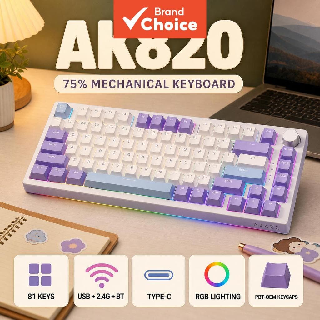 Teclado mecânico Ajazz AK820, teclado para jogos, 82 teclas, layout 75%, conexão USB-C com fio, troca total de switches,