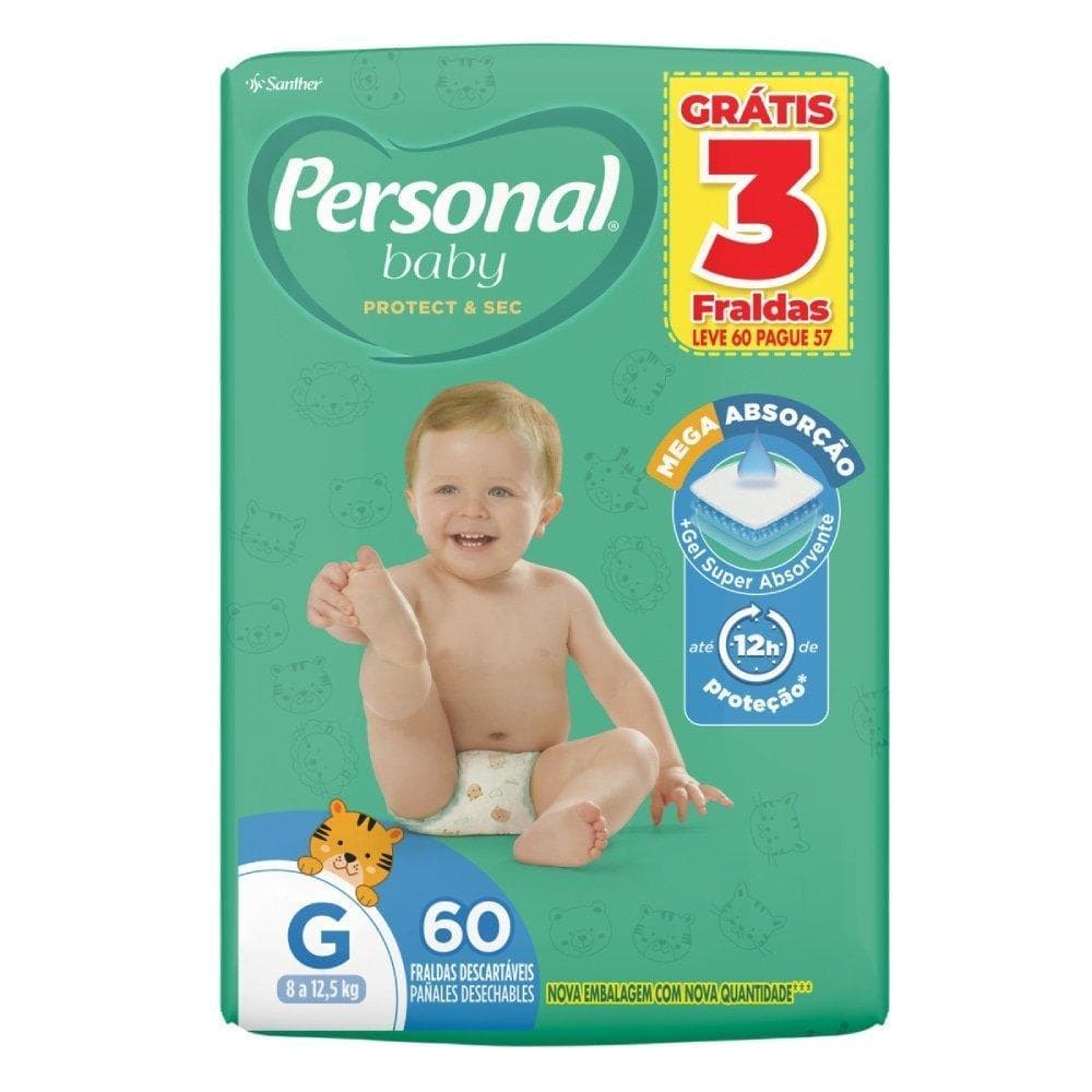 Fralda Descartável Personal Hiper Soft & Protect  Tamanho G - 4 Pacotes com 60 Fraldas - Total 240 Tiras