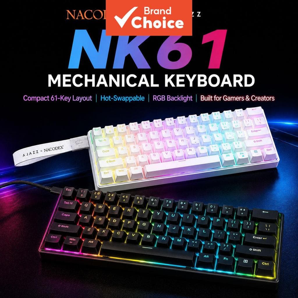 Teclado Mecânico com Fio 60% Compacto Ajazz NK61 61 Teclas, Troca Rápida de Teclas Vermelhas, Retroiluminação RGB,