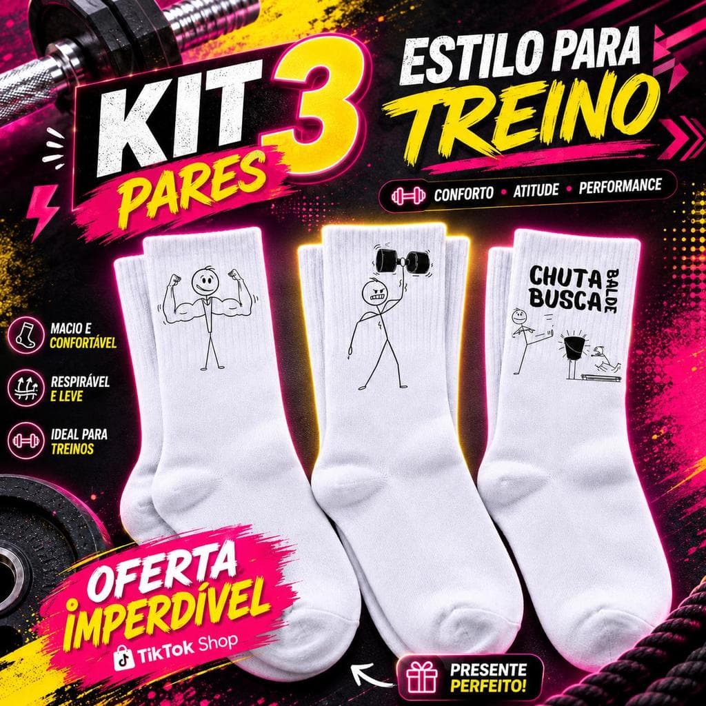 kit 3 pares meias fitness divertidas cano medio branca para academia treino musculação