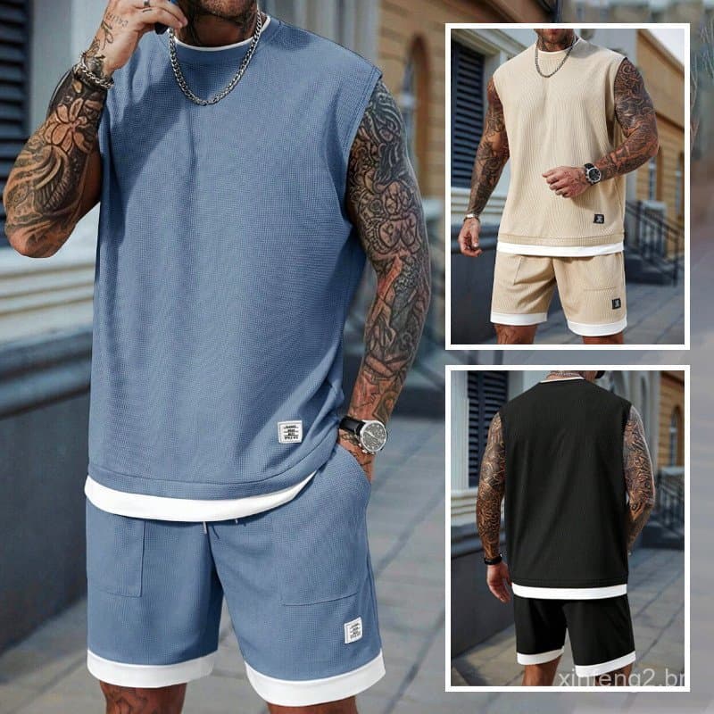 Conjunto de Moletom Masculino Casual, Camiseta Regata e Shorts, Conjunto de Duas Peças para Homens YFRB