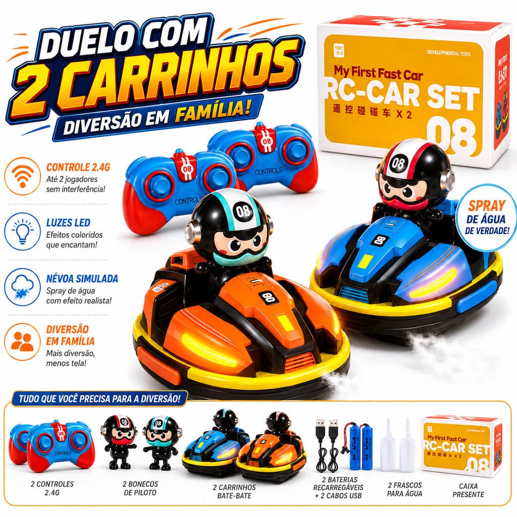 Kit Carrinho Controle Remoto Infantil 2 Unidades com Luz Música Spray de Água Presente Criança