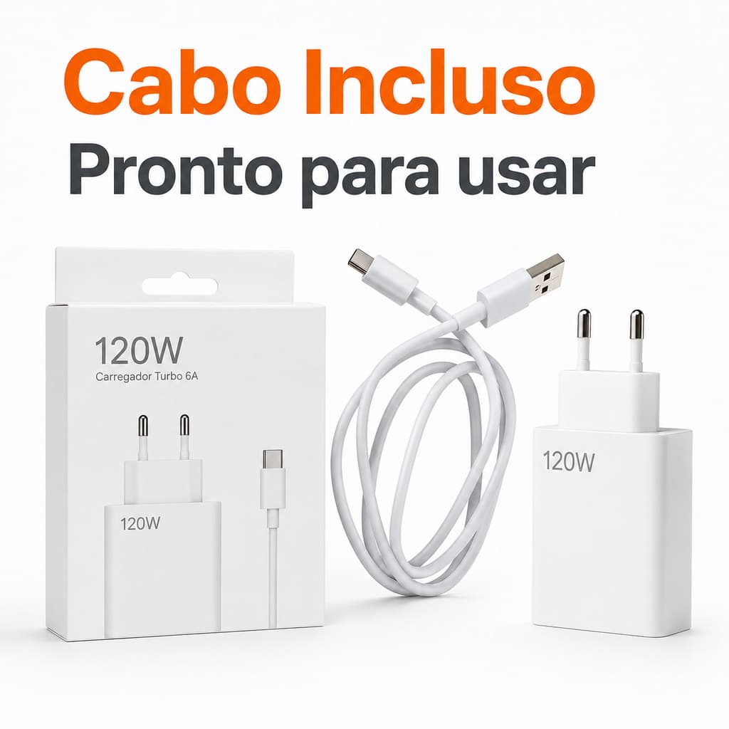 Carregador Rápido 120W Tipo C USB-C Com Cabo Kit Fonte Para Celular Smartphone Carga Rápida