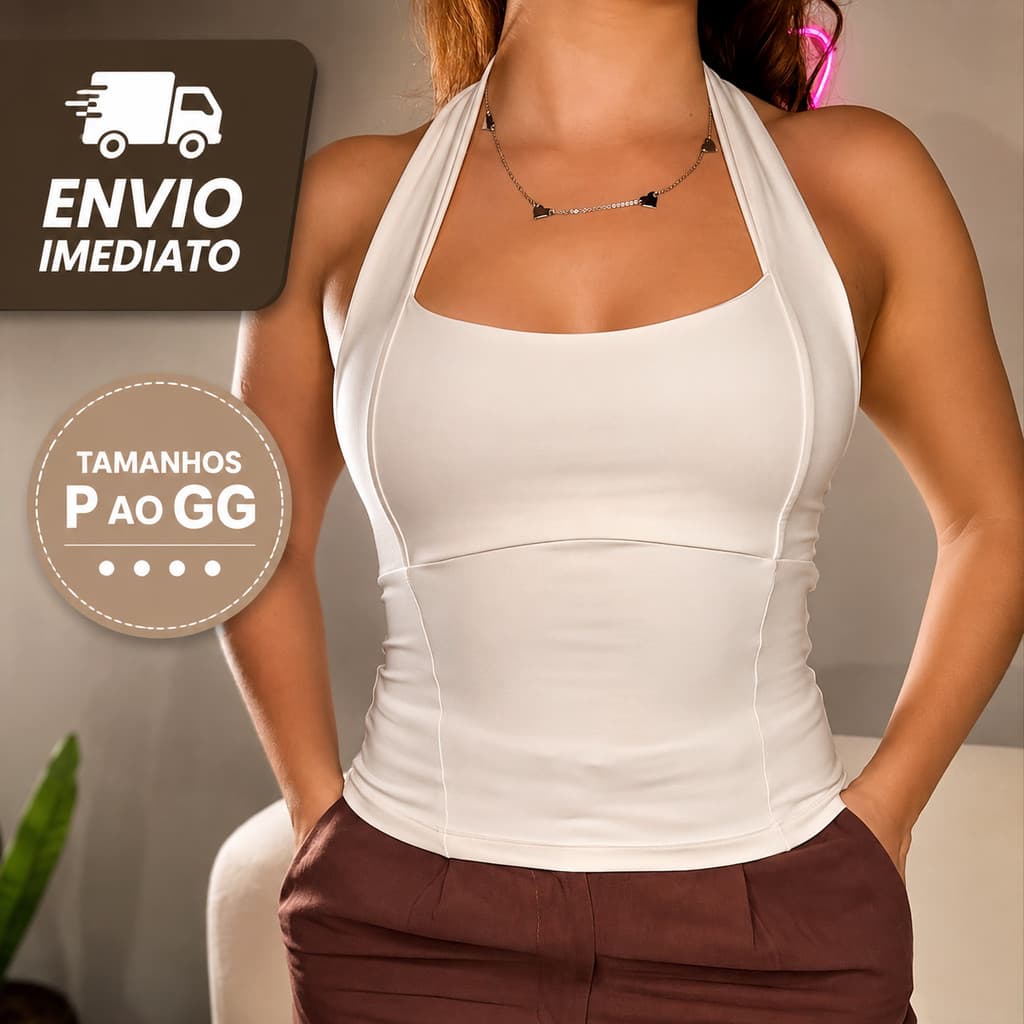 Blusa Feminina Regata Top Cropped Halter Efeito Silicone Costa Nua Casual Academia Blogueira Verão