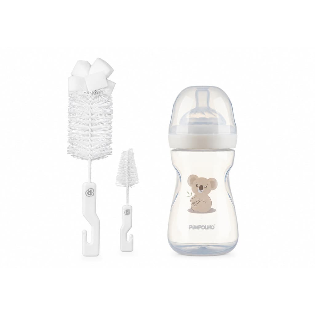 KIT HIGIENIZADOR BEBE DE MAMADEIRA COM ESPONJA E MAMADEIRA SERENA COALA BRANCA 260ML PIMPOLHO