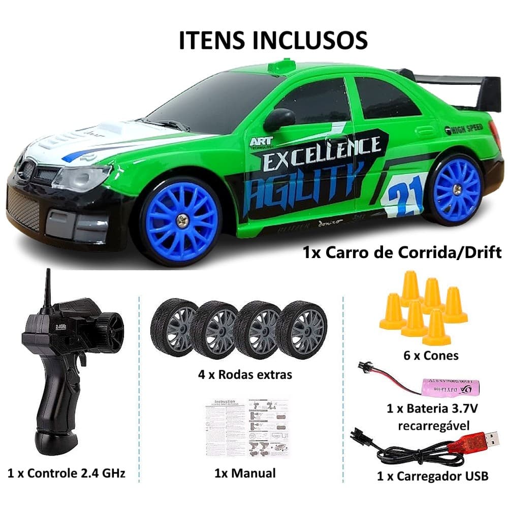 Carrinho Skyline GT-R Corrida Controle Drift 4x4 Recarregável com 4 Rodas Extras