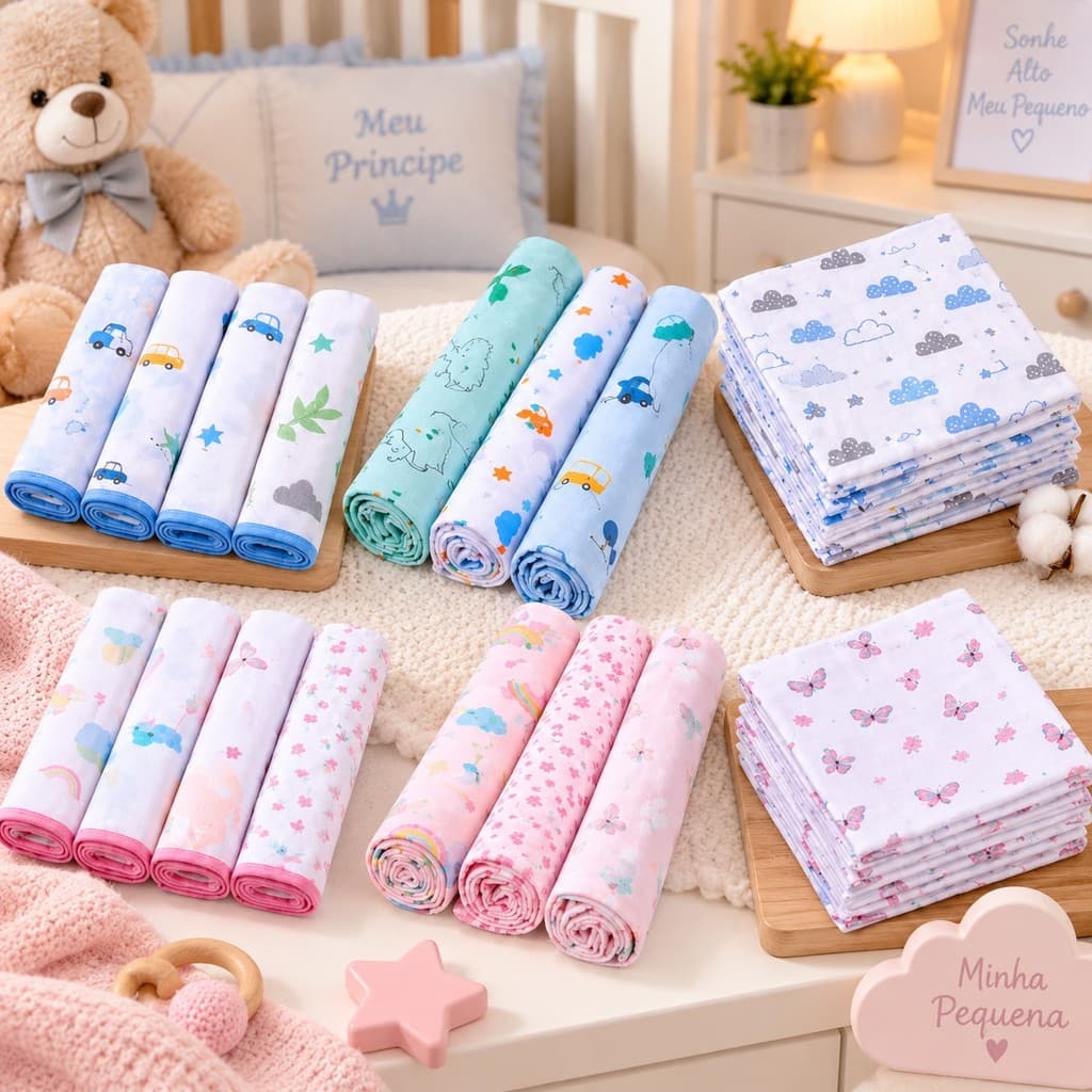 Kit Enxoval Bebe 14 Peças com 5 Fraldas de Pano 3 Cueiro Flanelado 6 Paninho de Boca 100% Algodão
