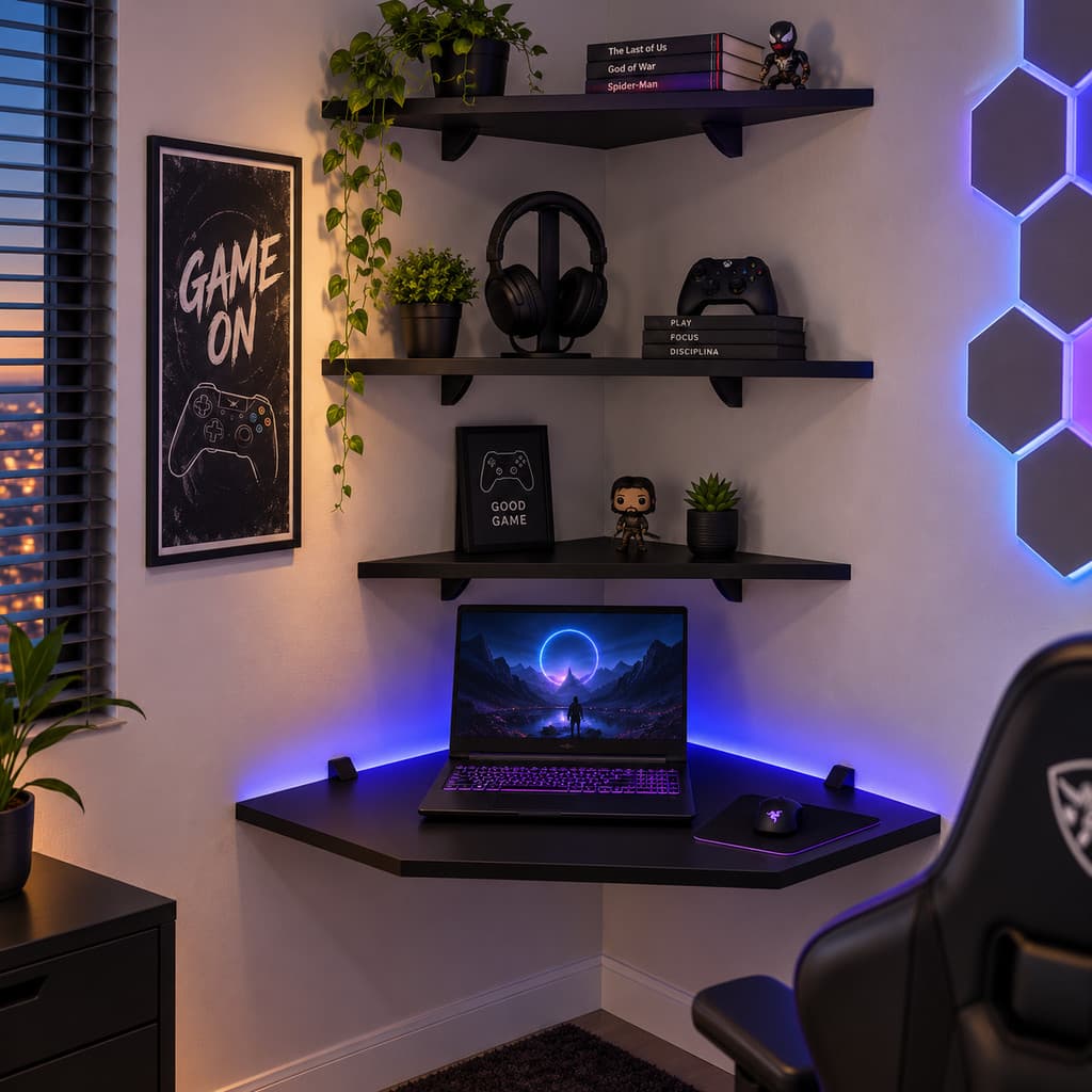 Kit Mesa Gamer de Canto Suspensa + 3 Prateleiras para Notebook, Home Office, Escrivaninha Compacta Quarto e Setup Gamer