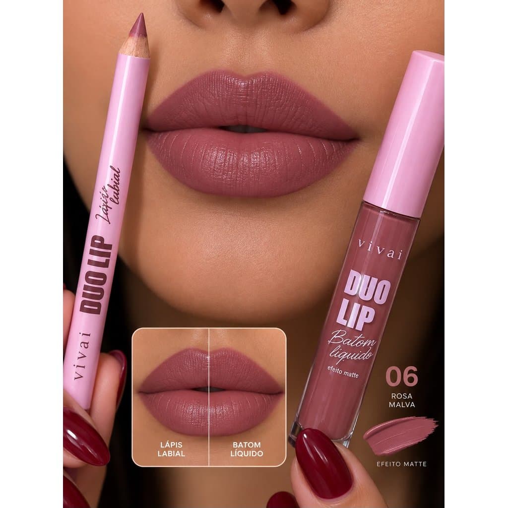 Vivai Duo Lip Batom Líquido + Lápis Labial Matte Rosa Malva Efeito Matte Alta Pigmentação Lábios Definidos e Destacados