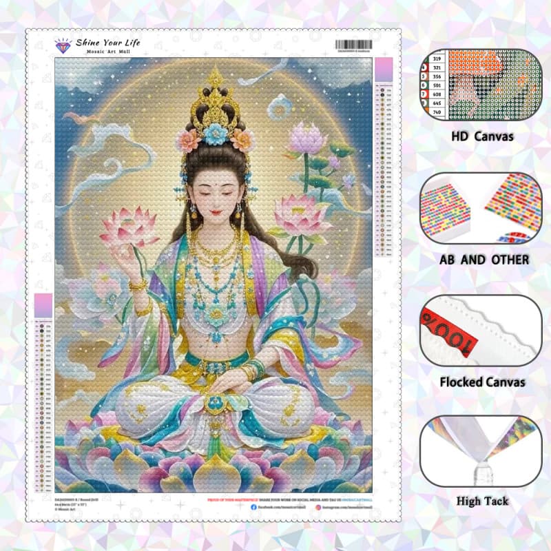Ypdpm Diamantes AB Atualizados + Tecido Flocado] Água De Bambu Lótus Mágico Guanyin Pintura De Diamante 5D DIY Artesanat