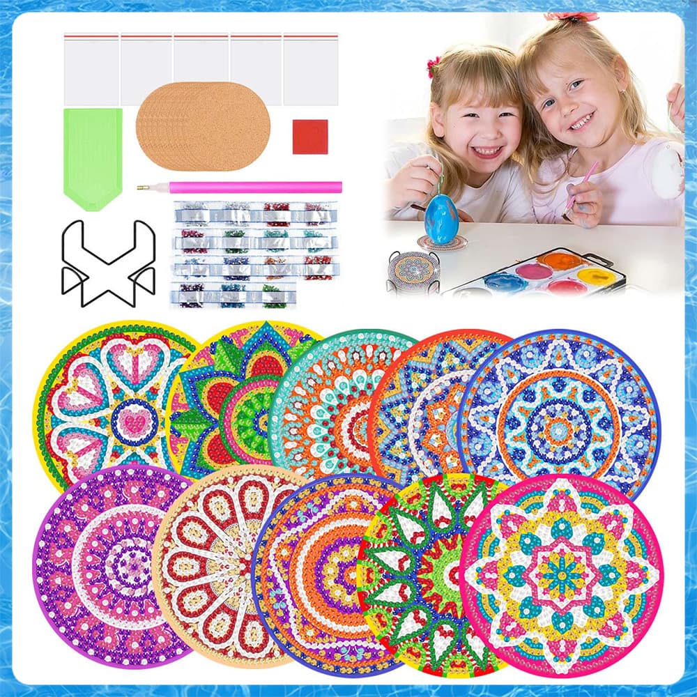 Kit 10 Peças de Pintura Diamante 5D, para Porta Copos com Design de Mandala, Base de Cortiça,Acompanha Kit para Montagem