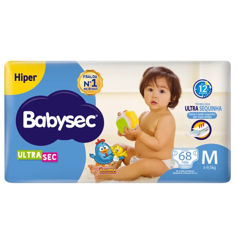 Fralda BabySec Ultrasec Hiper M Galinha Pintadinha 68un – Até 12h de Absorção