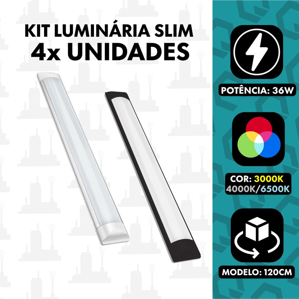 Kit 4 Luminaria slim Led 36w Branco/Preto 120cm Linear com calha sobrepor 3000K 6500K 4000K