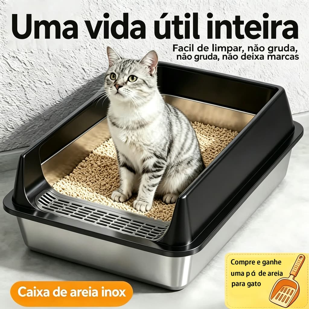 Bandeja Sanitária de Areia Felina Inoxidável, Borda Alta Previne Derramo, Super Resistente ao Desgaste, Lavagem Simples