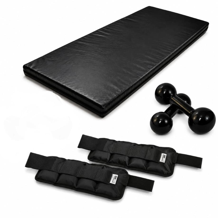 Kit Fitness Treino em Casa com Colchonete Academia 90x40x3+ Par de Halteres Bola Emborrachado 4kg + Par de Caneleira 4kg