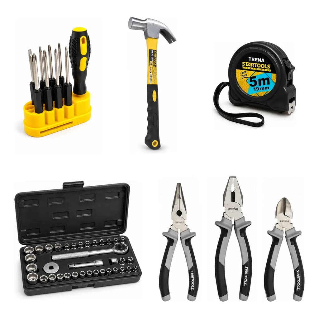 Kit Ferramentas Completo 5 em 1 Chave Catraca 40 Soquetes Alicate Universal Martelo Unha Trena com Maleta Startools