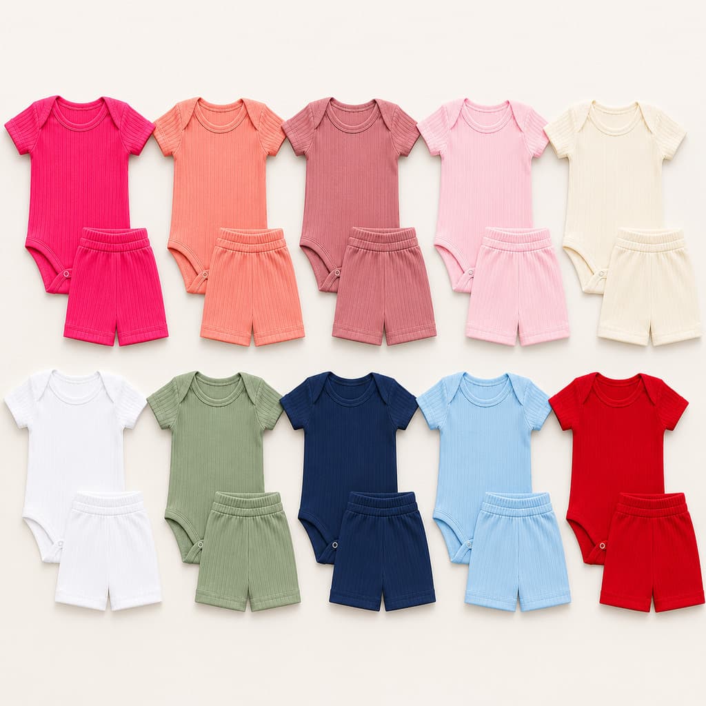 Kit Conjunto Body Bebê Manga Curta + shots Canelado 100% Algodão Menino Menina Enxoval Maternidade