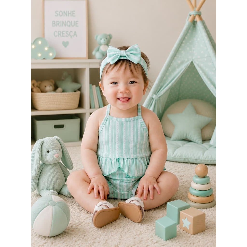 Kit Macacão e Tiara Bebe Menina Roupa Infantil Conjunto Bebe 0 a 9 meses Dia das Crianças