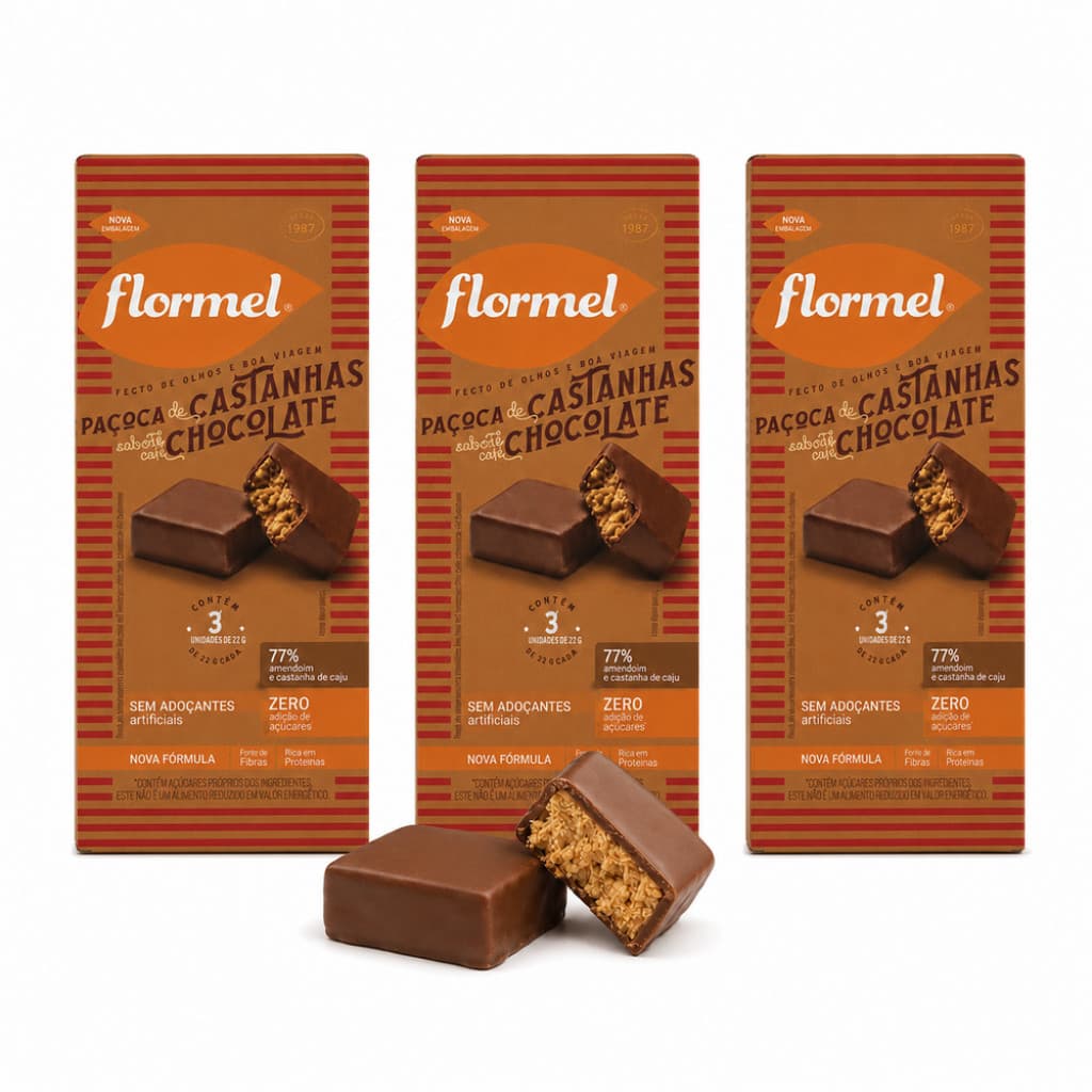 Kit 3 Paçoca de Castanhas Chocolate Zero Açúcar Sem Glúten Sobremesa Doce Flormel Saudável 22g cada