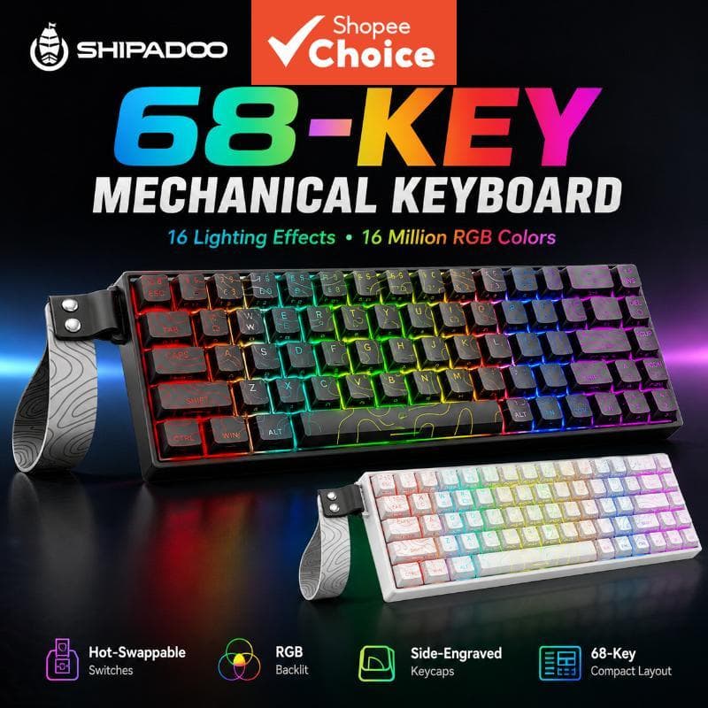 Teclado Mecânico para Jogos com Fio SHIPADOO IK68 68 Teclas, Layout Compacto, Hot-Swappable, RGB, Anti-Fantasma,