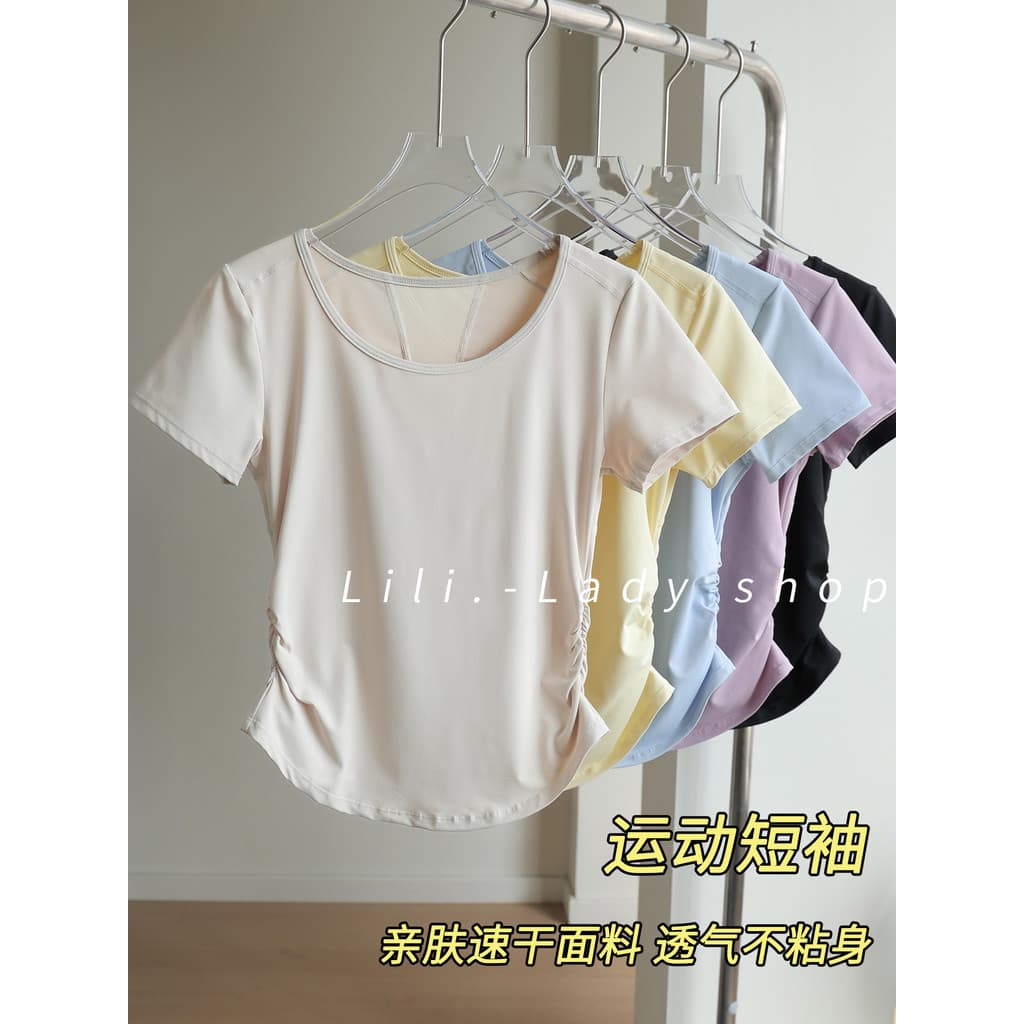 Esportes de manga curta feminino 2026 novo estilo feminino correndo camiseta terno de Fitness roupas de secagem rápida P