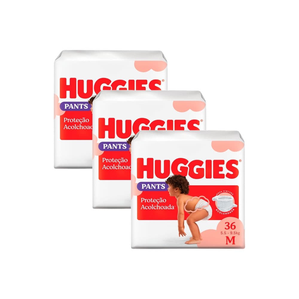 Kit 3 Fralda Huggies Pants Roupinha Proteção Acolchoada Tamanho M Pacote Mega 36 Unidades Descartáveis