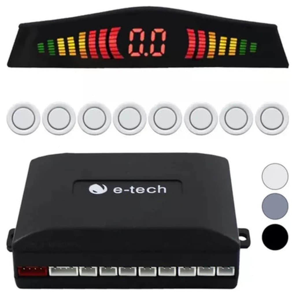 Sensor Estacionamento 8 Pontos Dianteiro Traseiro Branco E-TECH ET-SEN03ABRA Compatível Carro Caminhonete Display LED