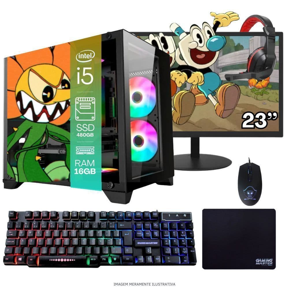 Computador PC Gamer  TOB   i5  480GB 16GB   Kit Gamer e Headset Gamer Monitor 23” Windows 10 Pro Trial