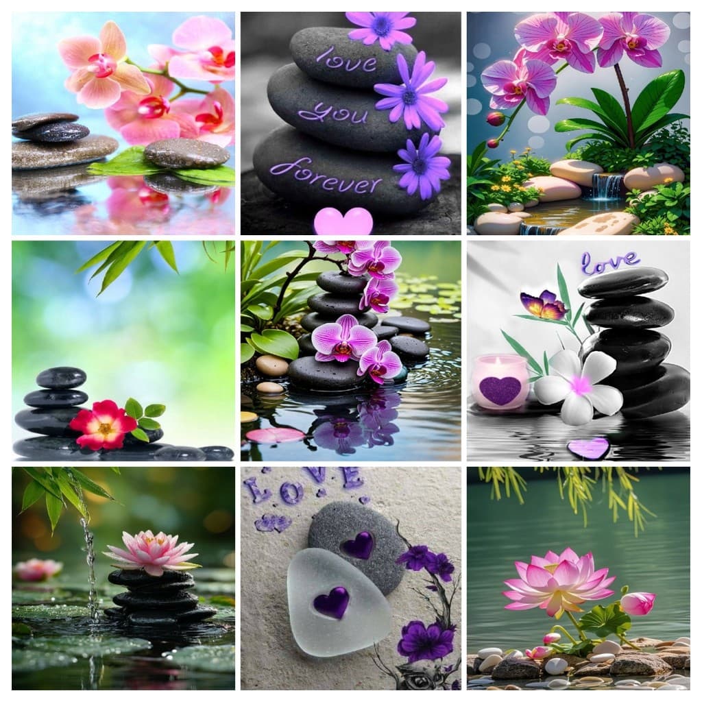 Um Conjunto De Kit De Pintura De Diamante Com Padrão De Pedra Zen E Série Floral , 5D DIY , Em Tela De Mosaico , Artesan