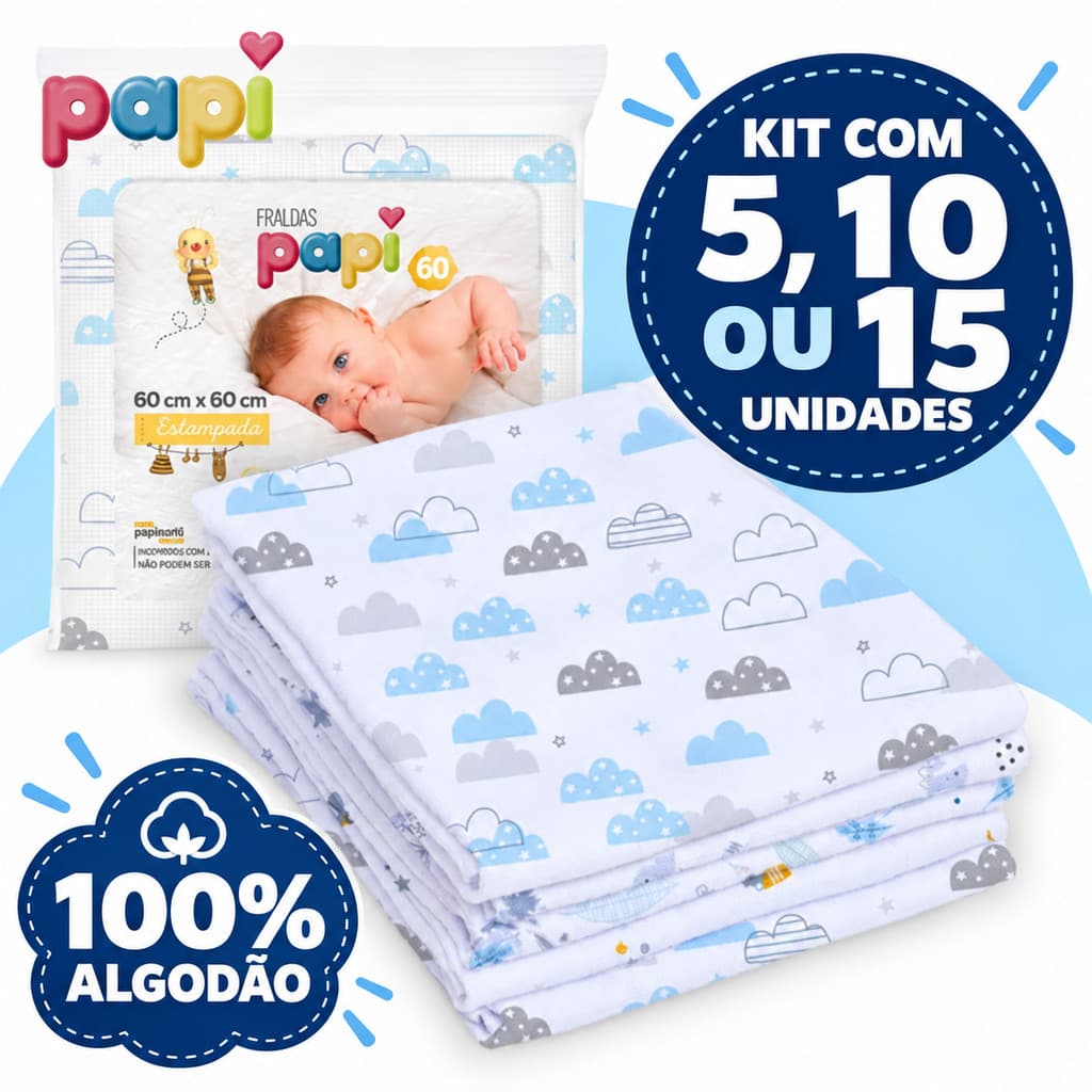 Fralda de Pano Kit com 5,10 ou 15 Unidades Enxoval de Bebê 100% Algodão