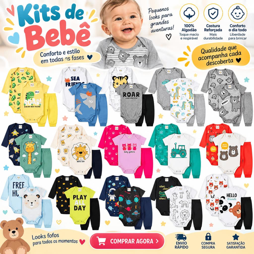 Enxoval Bebê Menino 9 Peças Kit Body Manga Longa e Curta + Mijão Recém-Nascido RN Algodão Roupa Bebê Atacado