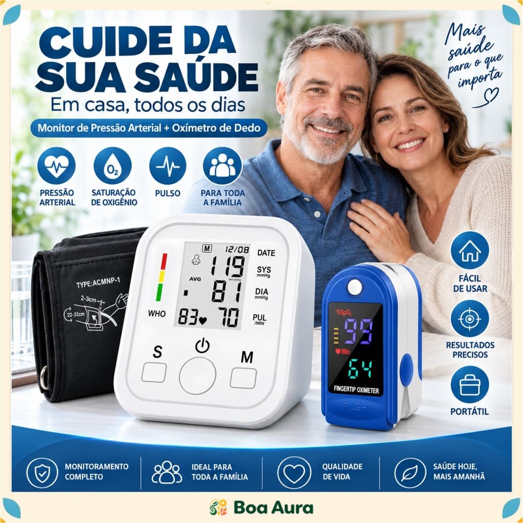 Kit Medidor de Pressão Arterial Digital Automático de Braço + Oxímetro de Dedo LED SpO2 e Pulso