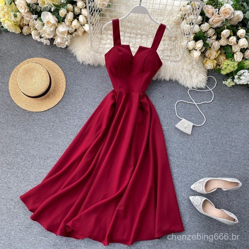 Novo Vestido de Festa Feminino com Decote em V, Vestido Longo de Cintura Alta, Cor Sólida Retrô de Verão, Vestido Justo 