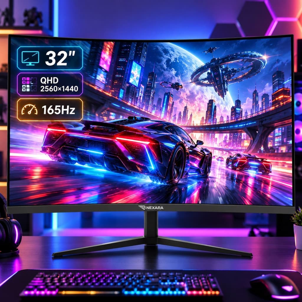 Monitor QHD 2560x1440 32 Pol Gamer Curvo 165Hz 0,5ms GTG VA R1500 FreeSync HDMI DisplayPort Nexara N-ZXR32-165HZ