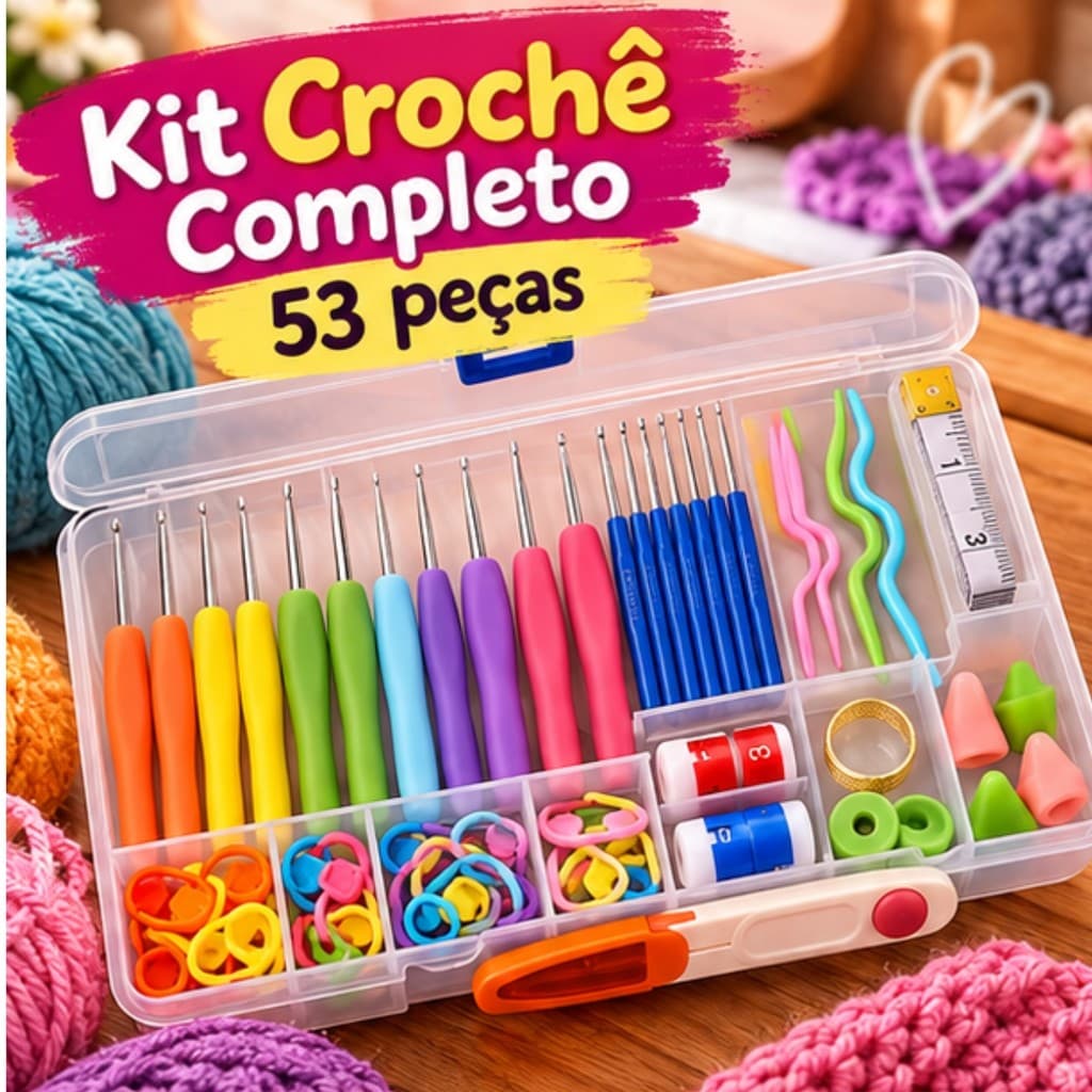 Kit Crochê Completo 53 Peças Agulhas Emborrachadas Amigurumi Estojo Organizador Acessórios Tricô Artesanato Costura