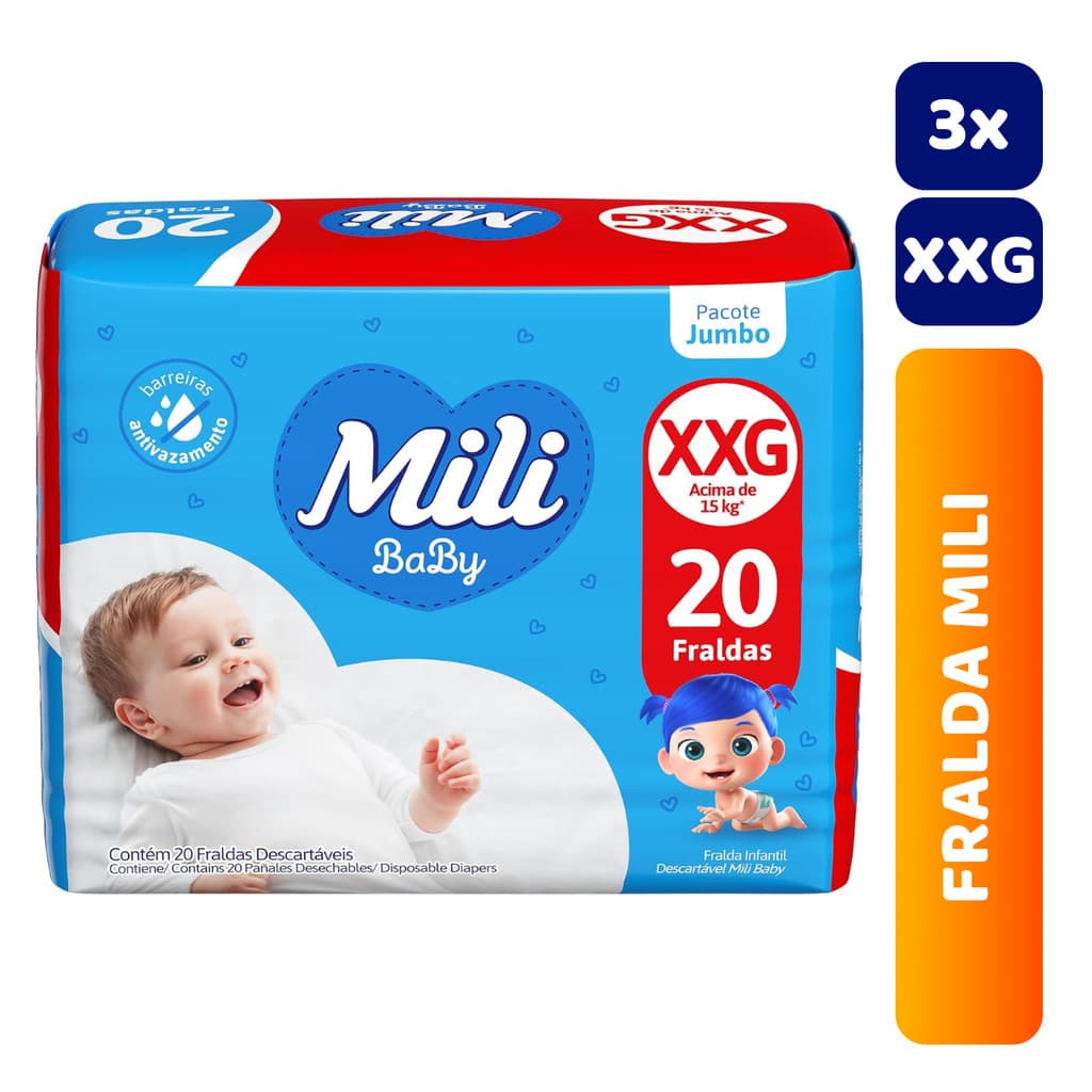 Kit 3x Fralda Infantil Mili Jumbo Ultra Seca C/20 XXG