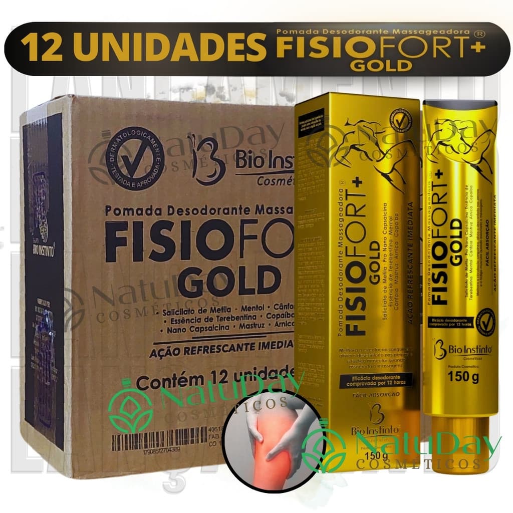 Kit 12 Pomadas Fisiofort+ Gold 150g Bio Instinto Massageadora Para Dor Muscular Original