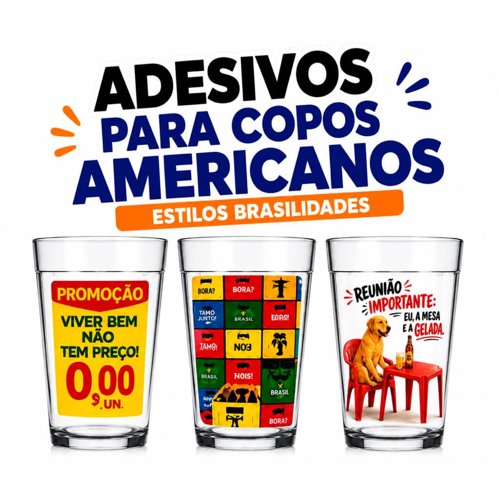 KIT 90  ADESIVOS Copo Americano  , UV à Prova d'Água | TEMA BRASILIDADES, Caneca e Garrafas | Pronto para Aplicar