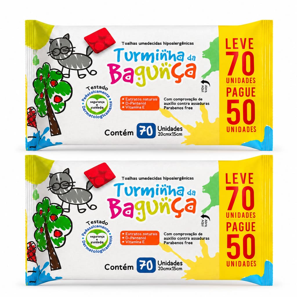 Kit 2 Lenços Umedecido Pague 50 leve 70 folhas – Para Bebê e Pele Sensível – Turminha da Bagunça